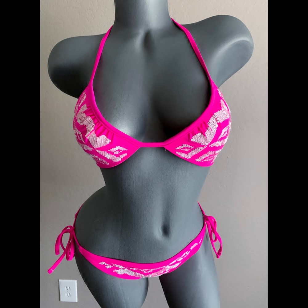 Ninety-nine fuchsia sequin bling pushup bikini S/M